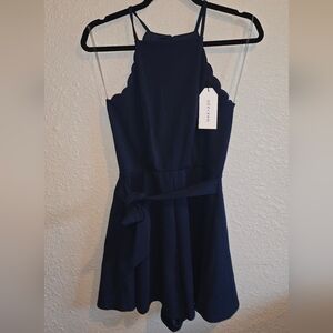 Max + Ash Navy Scalloped Romper Size Small NWT Elegant Tie Waist Dressy Romper